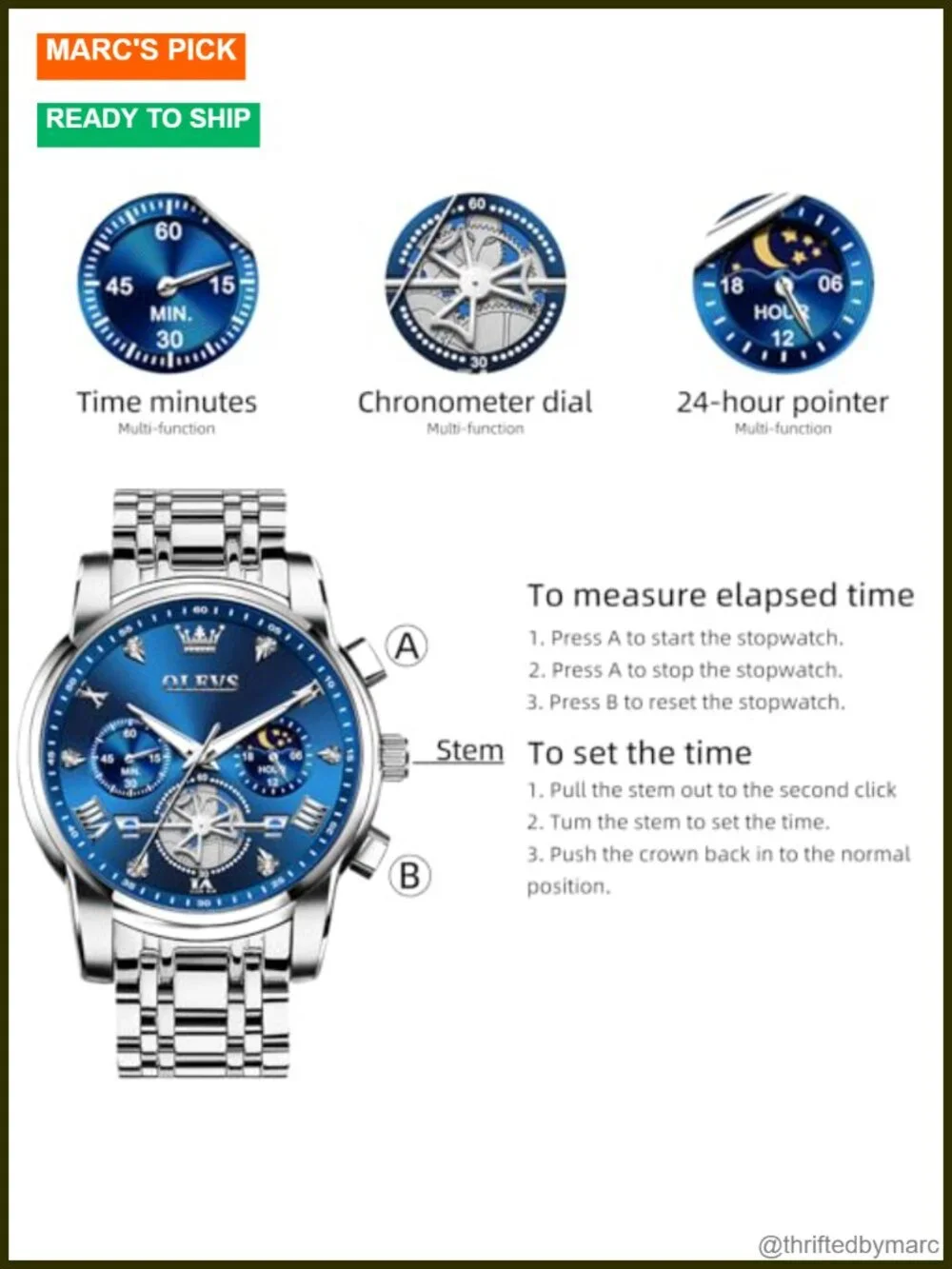Stainless Steel Chronograph Watch with Roman Numerals, Luminous, Water